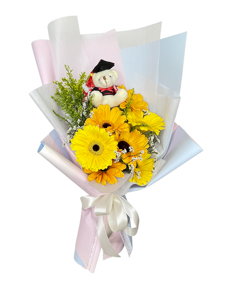 Yellow Gerbera Graduation Bouquet with Mini Bear