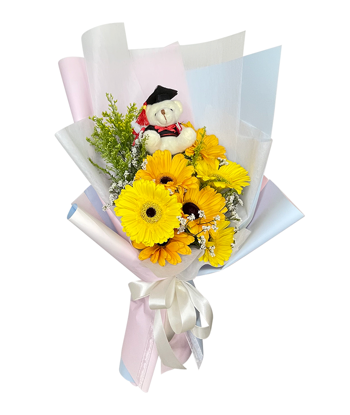 Yellow Gerbera Graduation Bouquet with Mini Bear