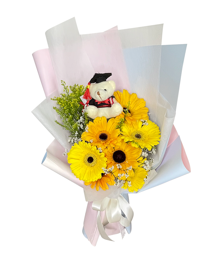 Yellow Gerbera Graduation Bouquet with Mini Bear