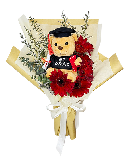 Red Gerbera Graduation Bouquet with Big Bear
