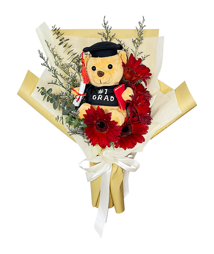 Red Gerbera Graduation Bouquet with Big Bear