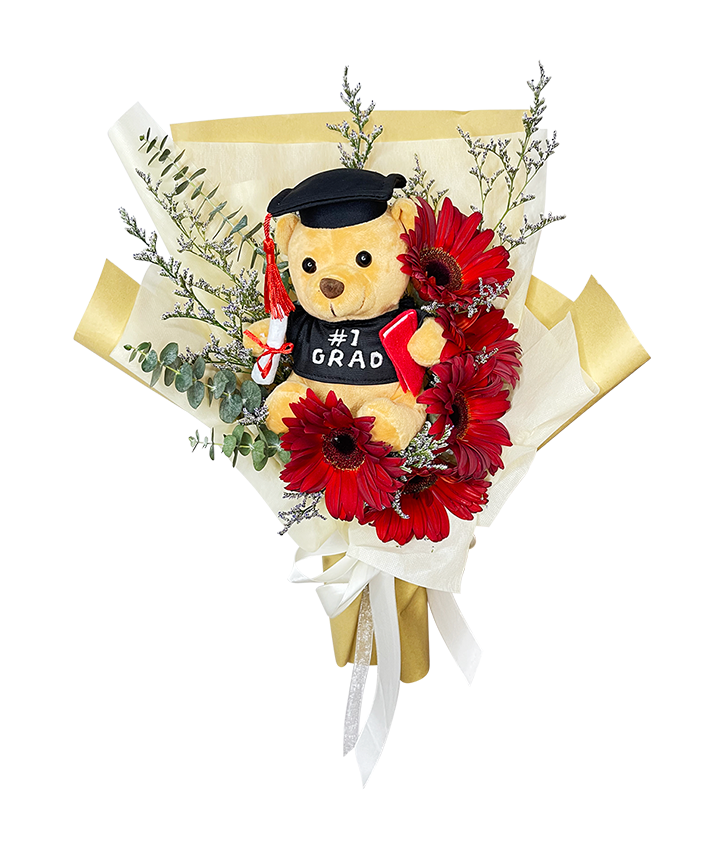 Red Gerbera Graduation Bouquet with Big Bear