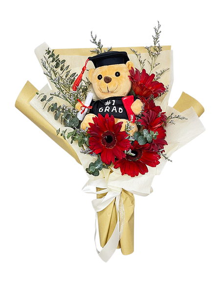 Red Gerbera Graduation Bouquet with Big Bear
