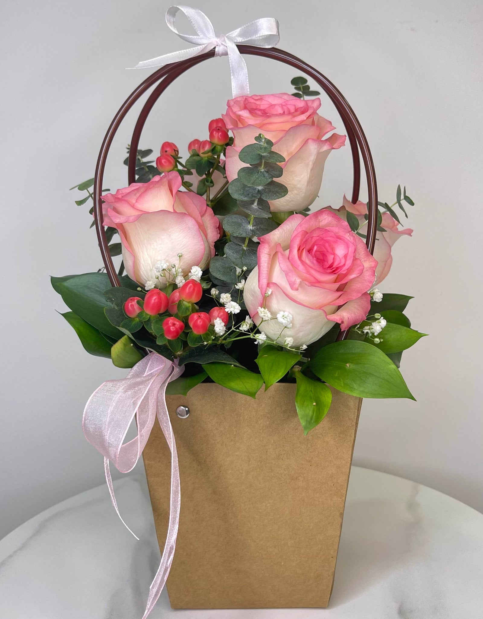 2 Tone Pink White Rose Bloom Bag w Mini Bear