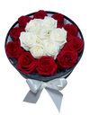 Bloom Box with Red and White Gorgeous Roses (round)