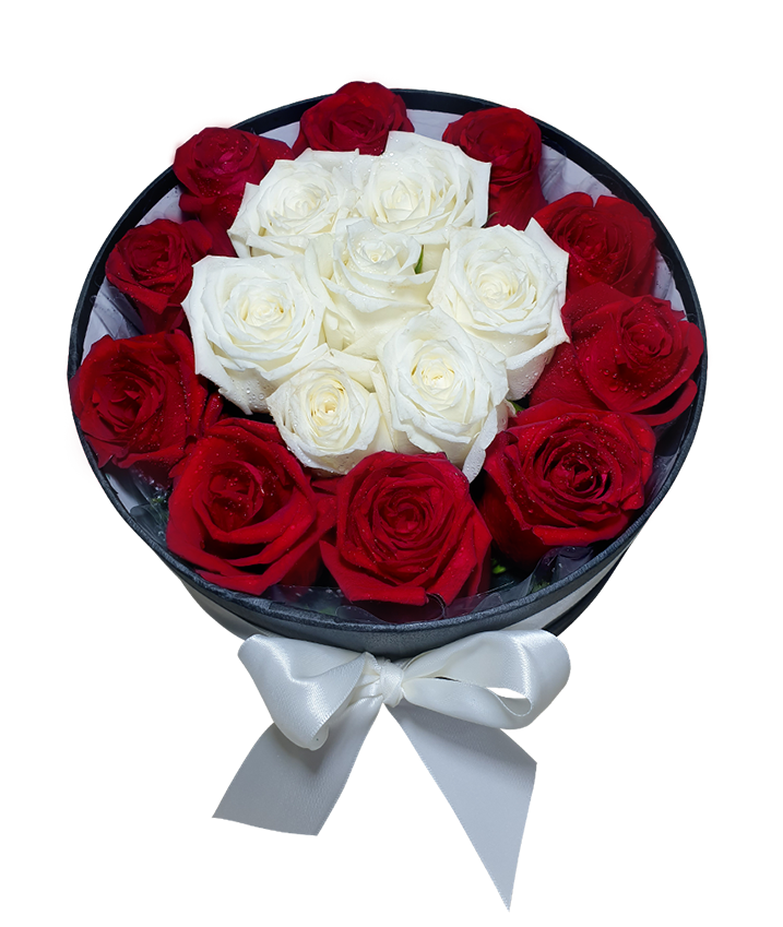 Bloom Box with Red and White Gorgeous Roses (round)