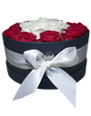 Bloom Box with Red and White Gorgeous Roses (round)