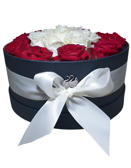 Bloom Box with Red and White Gorgeous Roses (round)
