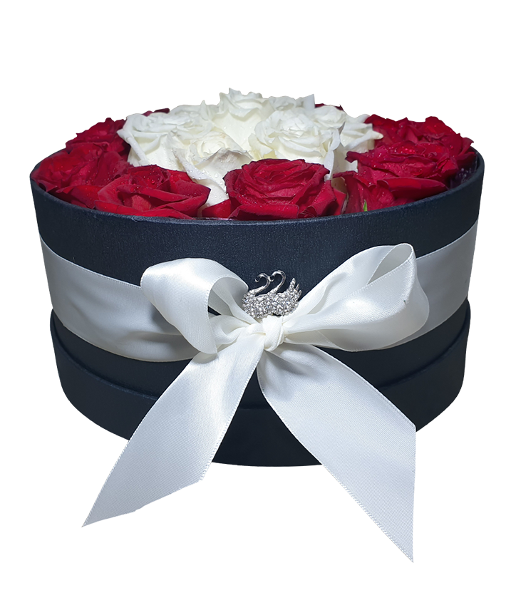 Bloom Box with Red and White Gorgeous Roses (round)