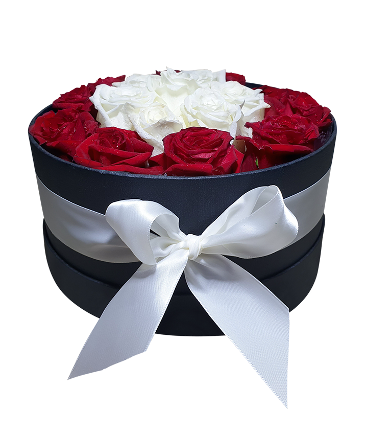 Bloom Box with Red and White Gorgeous Roses (round)