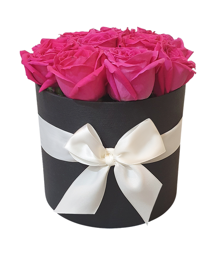 Luxurious Fuchsia Pink Fresh Rose in Round Bloom Box