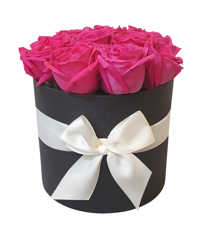 Luxurious Fuchsia Pink Fresh Rose in Round Bloom Box