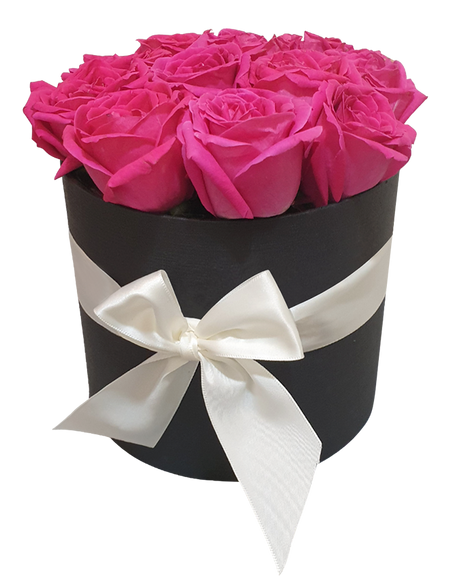 Luxurious Fuchsia Pink Fresh Rose in Round Bloom Box