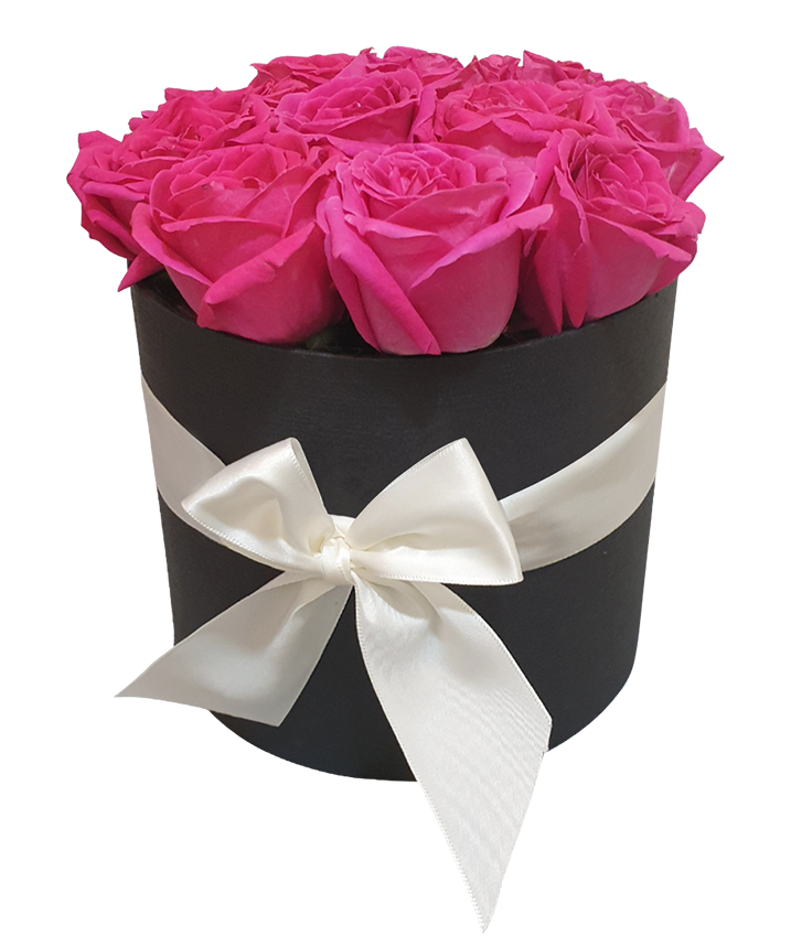 Luxurious Fuchsia Pink Fresh Rose in Round Bloom Box