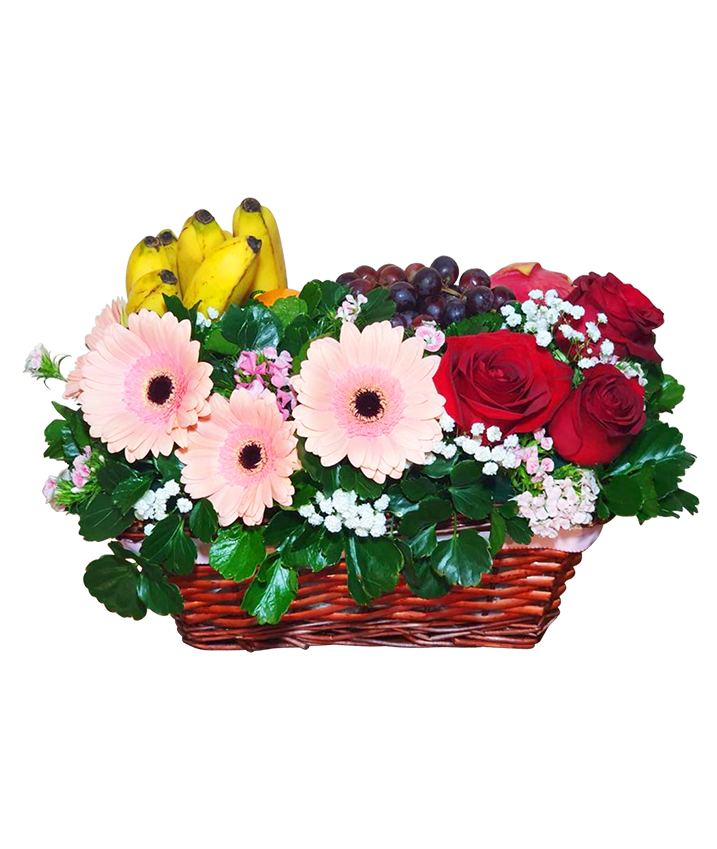 Pink Gerbera Red Rose Fruit Basket