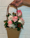 2Tone Pink White Rose Bloom Bag w Mini Bear
