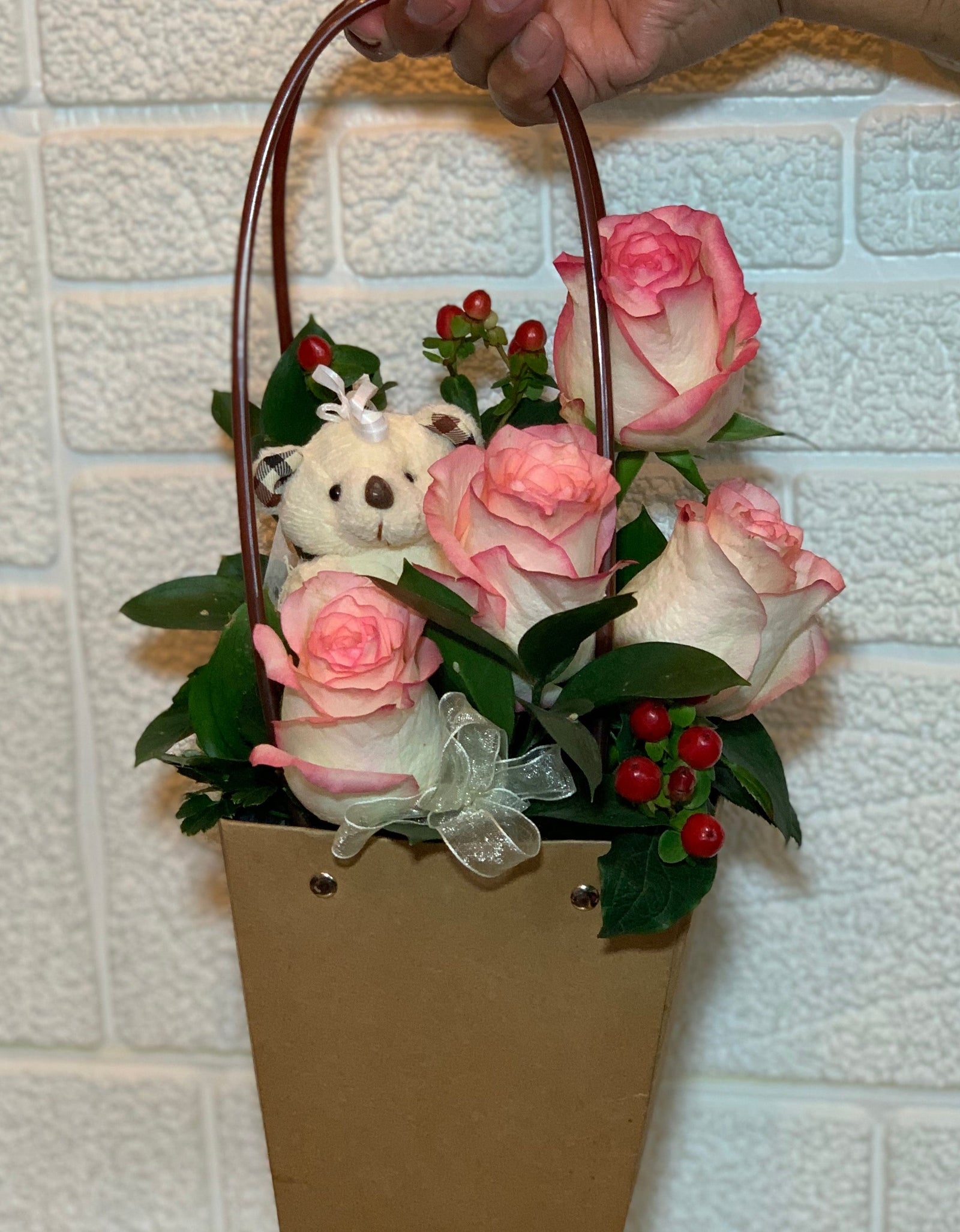 2 Tone Pink White Rose Bloom Bag w Mini Bear