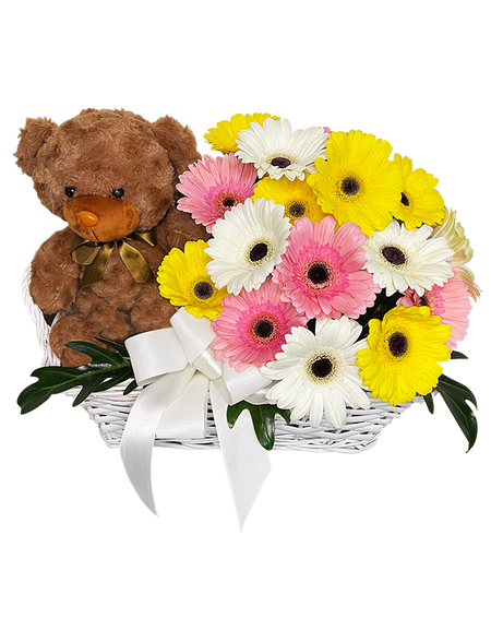 Cheerful Sunshine Baby’s Floral Basket , Hampers and Teddy Bear