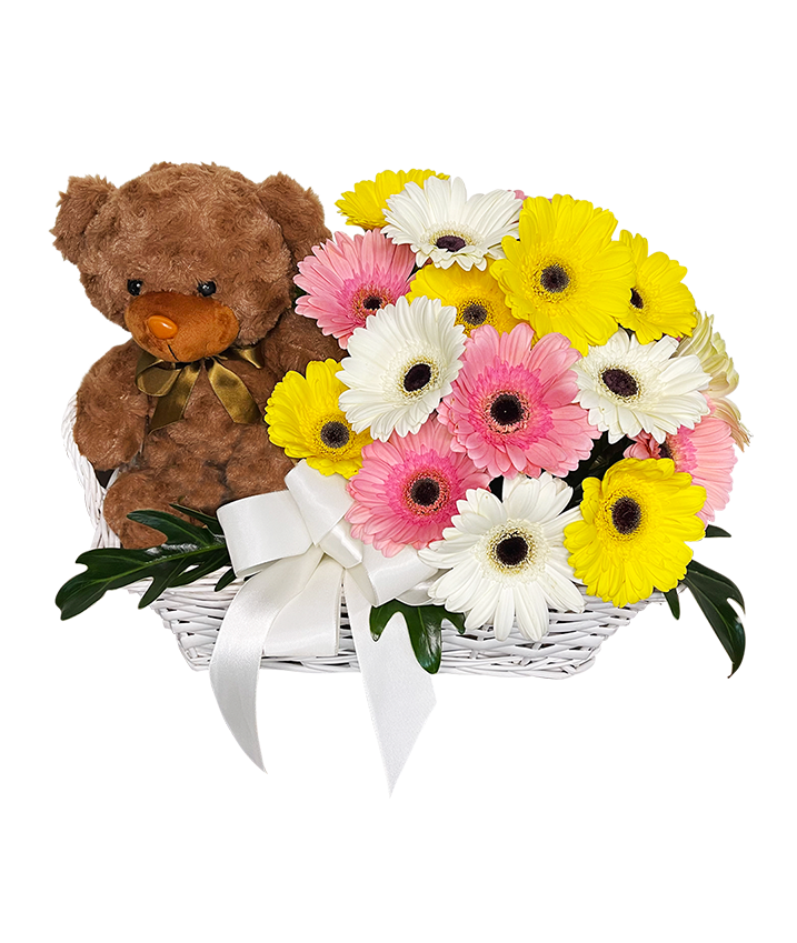 Cheerful Sunshine Baby’s Floral Basket , Hampers and Teddy Bear