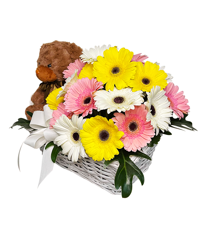 Cheerful Sunshine Baby’s Floral Basket , Hampers and Teddy Bear