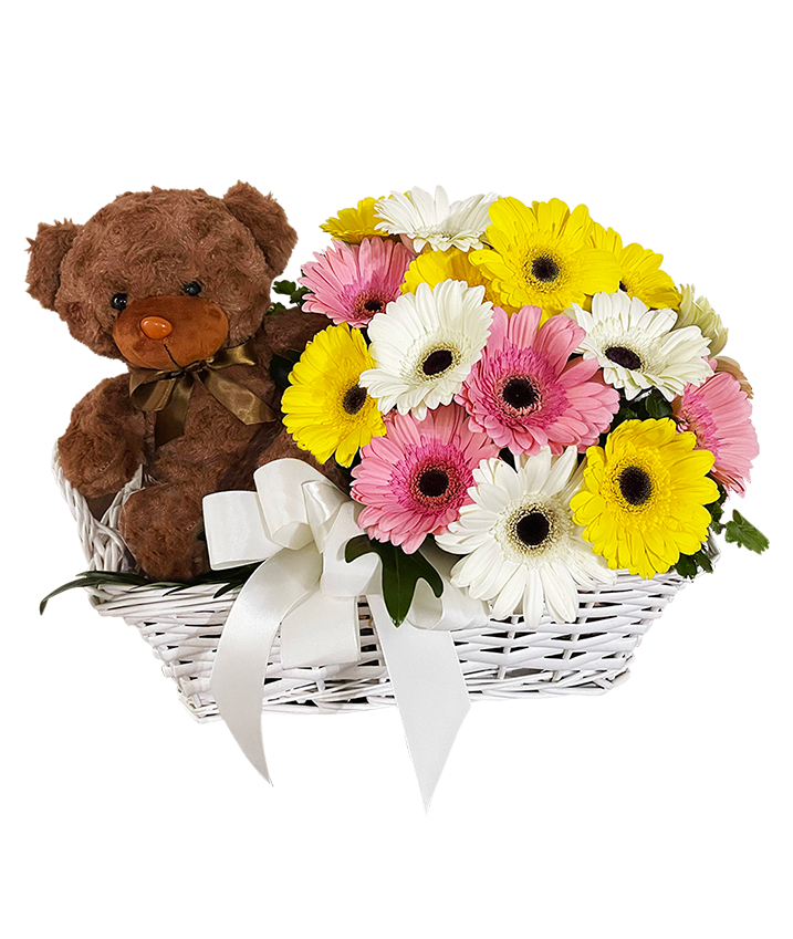 Cheerful Sunshine Baby’s Floral Basket , Hampers and Teddy Bear