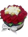 Bloom Box with Red and White Gorgeous Roses (round)