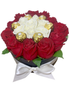 Bloom Box with Red White Gorgeous Roses w Chocolate (round)