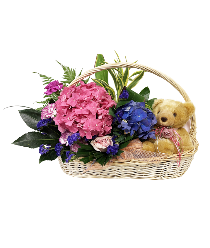 Blissful Beginnings I Baby's Floral Basket, Hamper and Teddy Bear