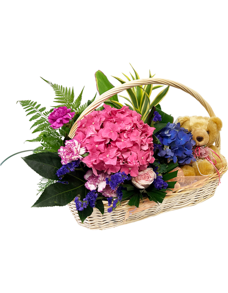 Blissful Beginnings I Baby's Floral Basket, Hamper and Teddy Bear