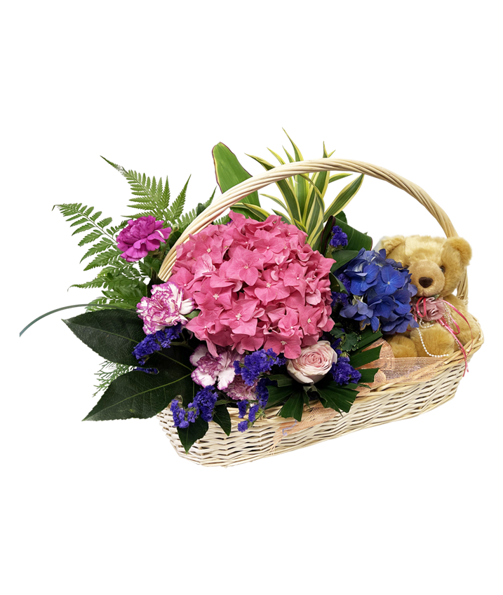 Blissful Beginnings I Baby's Floral Basket, Hamper and Teddy Bear