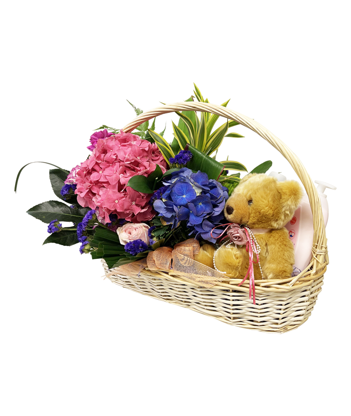 Blissful Beginnings I Baby's Floral Basket, Hamper and Teddy Bear