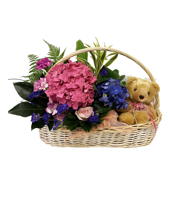 Blissful Beginnings I Baby's Floral Basket, Hamper and Teddy Bear