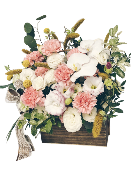 Soft Blossoms in Wooden Crate