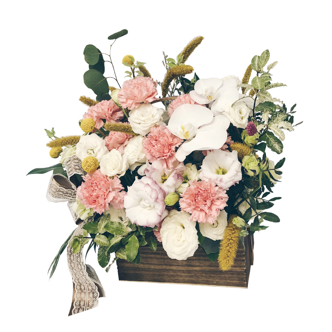 Soft Blossoms in Wooden Crate